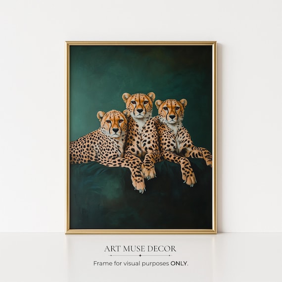 Cheetah Emerald Green Print: Minimalist Jungle Animal Poster, Elegant Big Cat Wall Art
