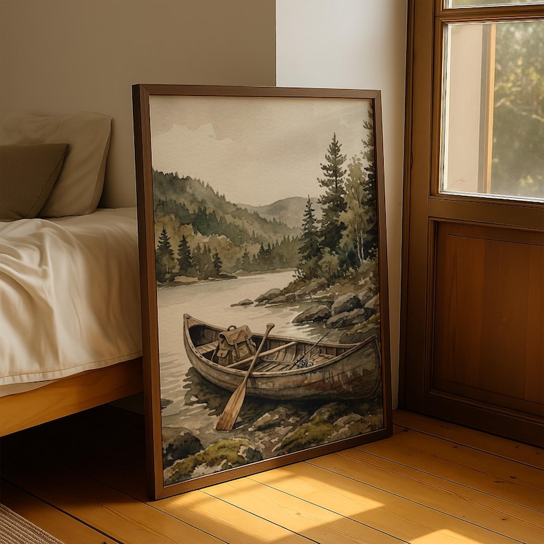 Vintage Fisherman Boat Painting: Rustic Lake Cabin Print, Hunting Wall Art image 9