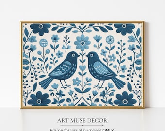 Vintage Botanical Blue Bird Print: Scandinavian Folk Art Wall Decor