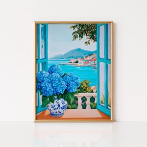 Blue Hydrangea Mediterranean Window View Print, Chinoiserie Art Print, Hydrangea Painting, Botanical Cottagecore Decor, Coastal Floral Art