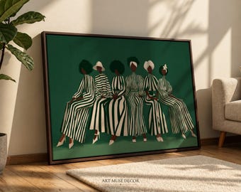 May include: A rectangular framed wall art print featuring six figures seated in a row against a solid dark green background. Each figure wears a long-sleeved dress with vertical white and green stripes and white shoes. The text ART MUSE DECOR is printed at the bottom center of the artwork.