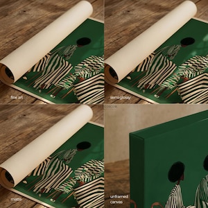 May include: Rolled fine art print, semi-glossy print, and matte print of a green and white striped artwork. The artwork features figures in striped clothing. The unframed canvas is also shown.