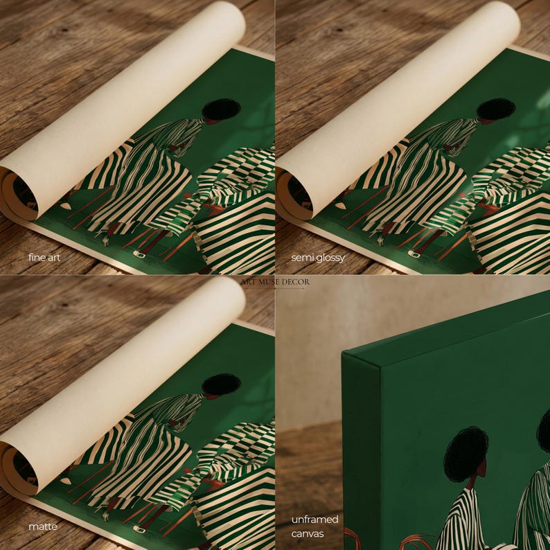 May include: Rolled fine art print, semi-glossy print, and matte print of a green and white striped artwork. The artwork features figures in striped clothing. The unframed canvas is also shown.