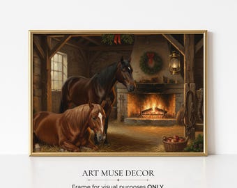 Horses in Barn Painting Print: Equestrian Christmas Decor, Antique Landscape Wall Art