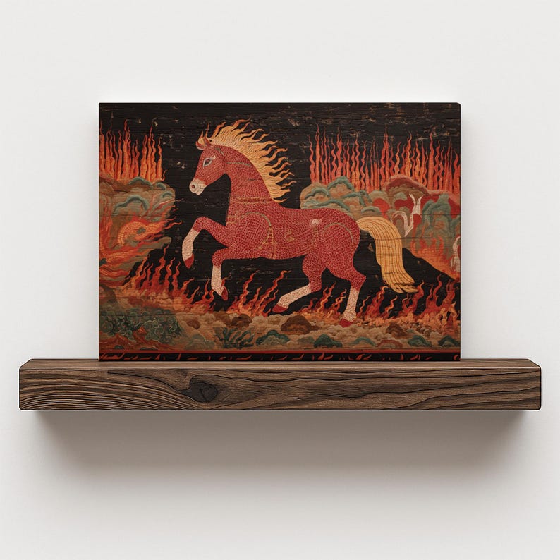 Antique Fire Horse Painting: Vintage Chinese Zodiac Print, Primitive Equestrian Decor bild 10