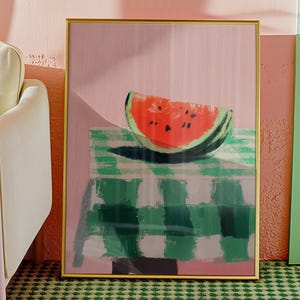 Watermelon Kitchen Art Print – Minimalist Fruit Poster, Pink Wall Decor, Summer Digital Download for Dining Room or Cafe
