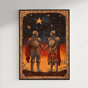 Middeleeuwse ridders hand in hand | Middeleeuwse liefdesposter | Afdrukbare kunst | Digitale download