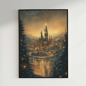 Impresión artística de un castillo mágico y melancólico / Arte mural navideño tranquilo / Castillo mágico invernal de noche / Arte imprimible / Descarga digital