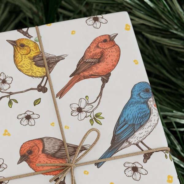 Animal Wrapping Paper- Spring Birds Wrapping Paper, Spring Flower Gift Wrapping Paper, Baby or Bridal Shower Christmas Wedding Birthday
