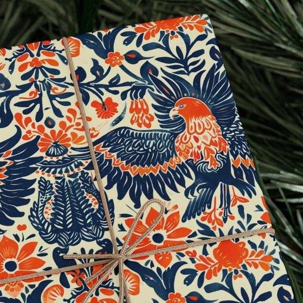 Mexican Folk Art Wrapping Paper - Traditional Bird & Floral Design - Traditional Otomi Gift Wrap for Weddings, Birthdays and Cultural Events