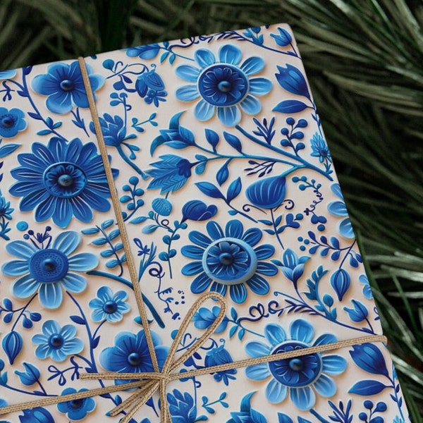 Mexican Folk Art Wrapping Paper - Oxaca Design - Vibrant Traditional Blue Floral Design for Birthdays, Weddings & More