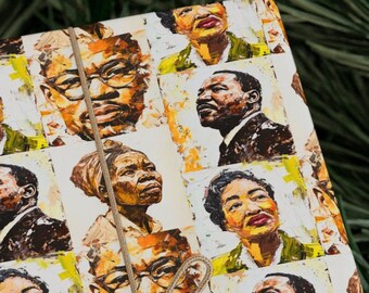 Black History Month Wrapping Paper - Themed Gift Wrap - Featuring MLK, Malcolm X, Rosa Parks & Harriet Tubman