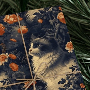 Long-Haired Cat Among Roses Wrapping Paper - Cat Gift Wrap - Pet Gift Wrap - Perfect Artwork for Cat Lovers