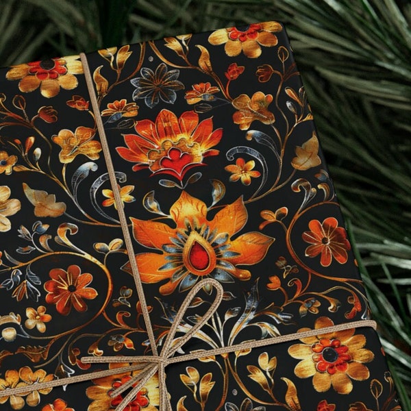 Mexican Folk Art Wrapping Paper - Vibrant Traditional Golden Floral Design for Birthdays, Weddings & More