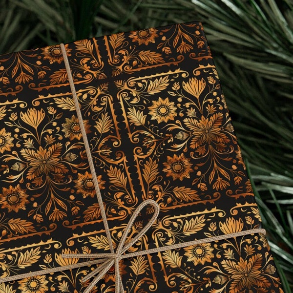 Mexican Folk Art Wrapping Paper - Simulated Gold Foil on Black, Ideal for Birthdays, Weddings, Holidays & Cultural Celebrations