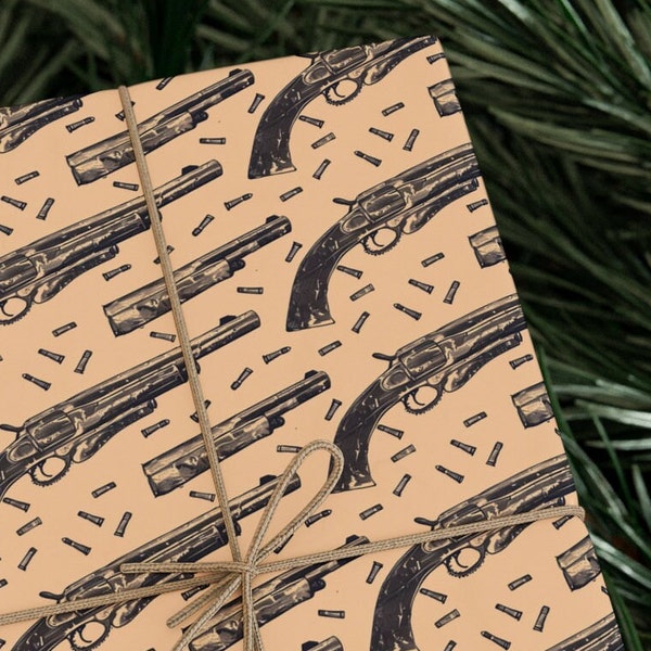 Vintage Pistol Gift Wrapping Paper - Themed Gift Wrap - Black & White Gun Design on Cream Background for Firearm Enthusiasts