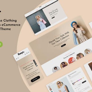 Puede incluir: Imagen promocional para un tema Shopify 2.0 llamado Rosyz, diseñado para comercio electrónico de ropa y moda multipropósito. La imagen muestra maquetas de sitios web con modelos y exhibiciones de productos. El tema se anuncia como único, minimalista y flexible.