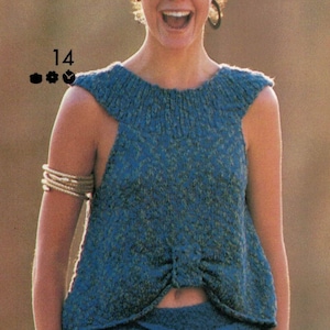 A quick to knit quirky sleeveless knitted top, worked in stocking stitch with ribbed yoke. Downloadable knitting pattern.