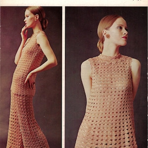 Peut inclure: Un patron de crochet pour une robe sans manches avec un col montant. Le patron est de Barbara Warner Couture Crochet et fait partie de la collection "In Twilley's Goldfingering". Le numéro du patron est C60, 1/3 (6-p).