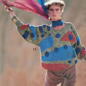 A multi-coloured, patterned jacquard sweater knitting pattern for spring or summer.