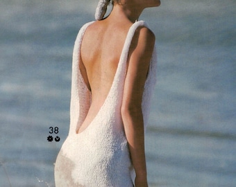 Slinky dress knitting pattern with a very low back neckline to create an original and very flattering style.