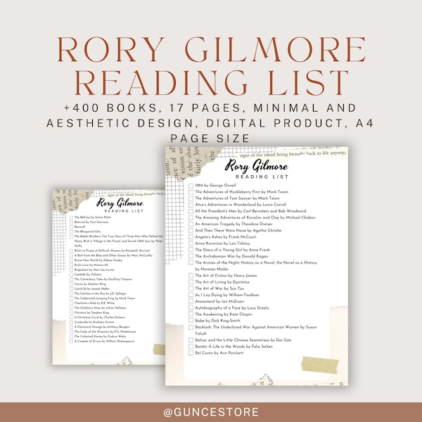 Liste imprimable du défi de lecture Rory Gilmore | Suivi de livres inspiré des Gilmore Girls | Journal PDF numérique