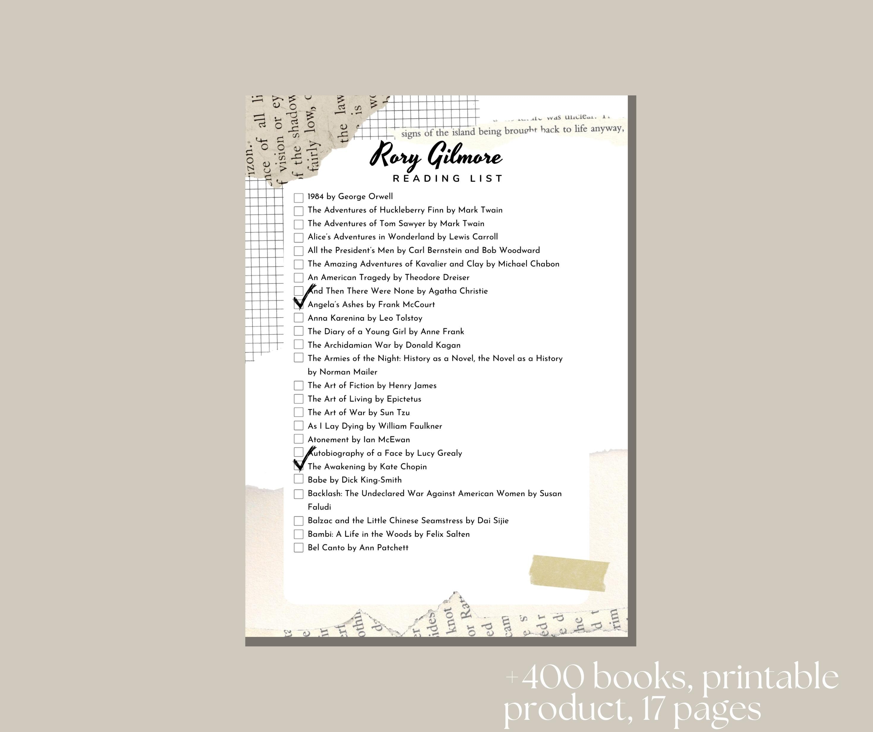 Rory Gilmore Reading Challenge Printable List | Gilmore Girls Inspired ...