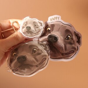 May include: Three clear acrylic stickers featuring a cartoon dog with a brown and grey face. The stickers are on a light brown background. The largest sticker has the word "HAPPY" printed on top.