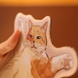 K&ouml;nnte beinhalten: Nahaufnahme einer beige Stoffhandpuppe in Form einer Katze mit einem braunen und orangefarbenen Katzenkopf. Die Katze hat eine wei&szlig;e Brust und wei&szlig;e Schnurrhaare.