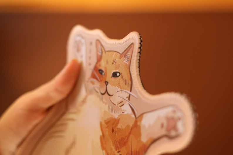 K&ouml;nnte beinhalten: Nahaufnahme einer beige Stoffhandpuppe in Form einer Katze mit einem braunen und orangefarbenen Katzenkopf. Die Katze hat eine wei&szlig;e Brust und wei&szlig;e Schnurrhaare.