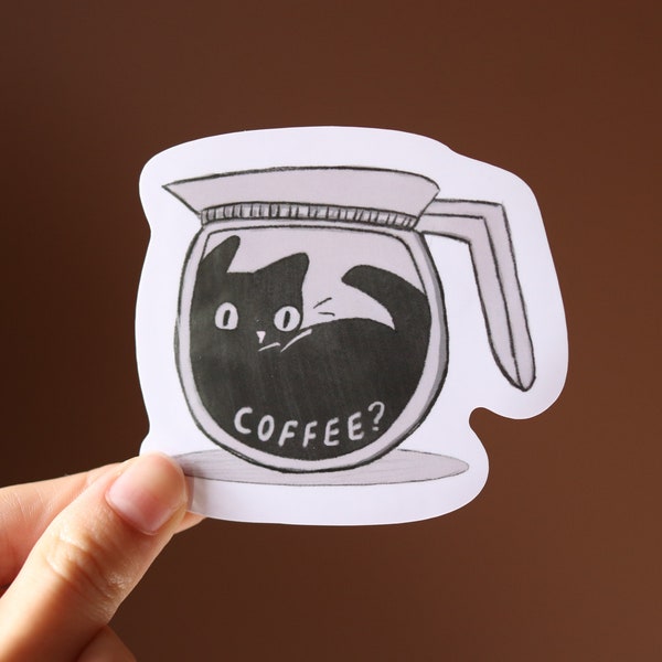 Coffee Cat Vinyl Sticker, Waterproof Laptop Accessory