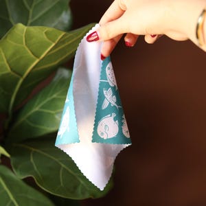 May include: A teal blue fabric kitchen towel with a white border and a white print of various sea creatures. The towel is folded in half and held by a hand.