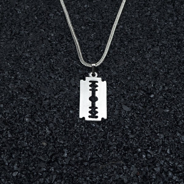 Lame de rasoir homme femme collier en argent personnalisable différents types de chaînes unisexe pendentif rock n roll joyeuse fête des mères boîte cadeau fait main