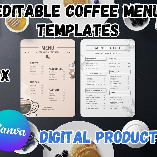 Coffee Shop Menu Template Printable 5 Set Pack Editable in CANVA , DIY Coffee Shop Menu, Editable Cafe Menu Template, Drink Menu Printables