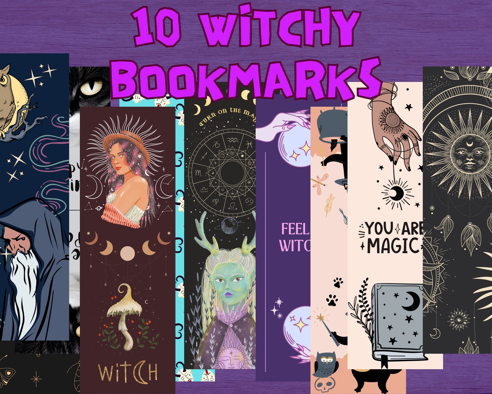 Witchy Bookmarks Printable Template - 10pcs Digital, Witch Bookmark, Witchcraft Bookmark, Black ...