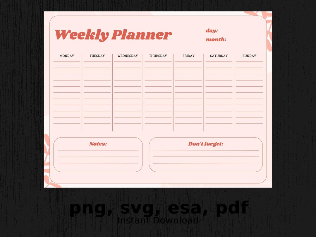 Simpleweeklyplanner Instant Download, Organizational Tools, Pdf, Svg ...
