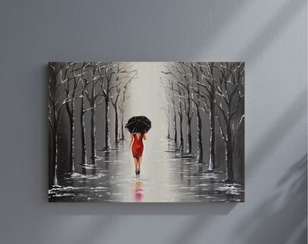 Paseando bajo la lluvia Pintura acrílica original sobre lienzo