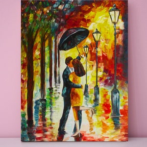 Danza bajo la lluvia Un encuentro romántico Pintura acrílica original sobre lienzo imagen 1