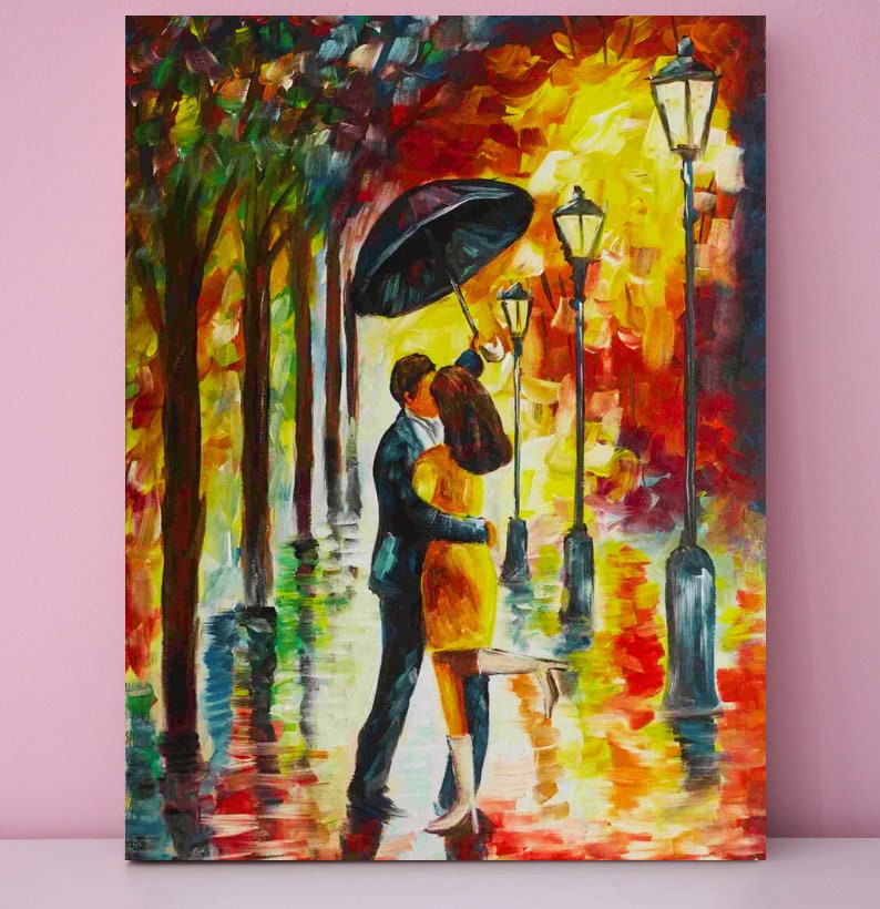 Dance in the Rain A Romantic Encounter Original Acrylic Painting on Canvas image 1