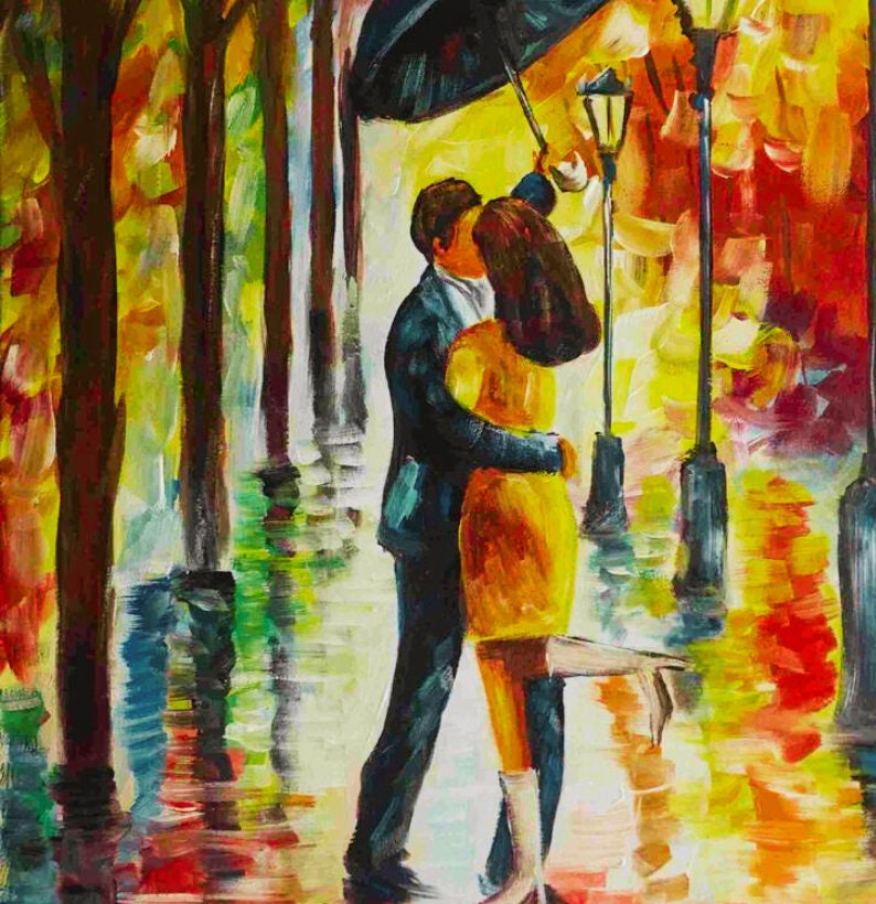 Danza bajo la lluvia Un encuentro romántico Pintura acrílica original sobre lienzo imagen 4