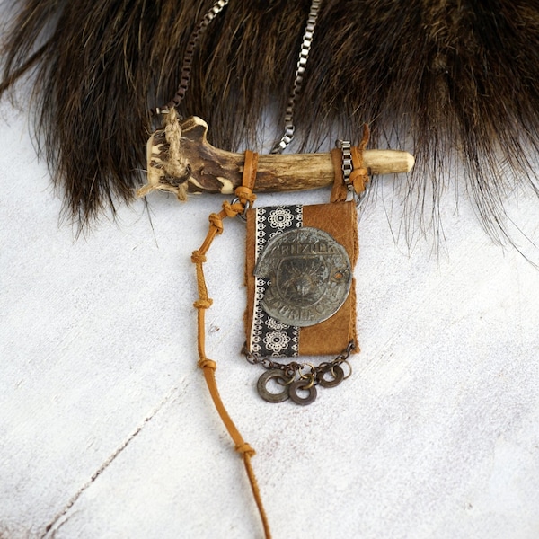 Necklace with antique GRITZNER DURLACH metal sewing machine badge with logo 1900, deer antlersmixed media necklace, assemblage jewelry