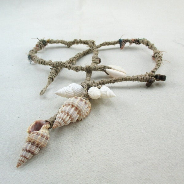 Wrapped Tribal Necklace, Natural Necklace with shell, Artisan Braided Necklace, linen wrapped necklace, boho necklace, summer necklace,