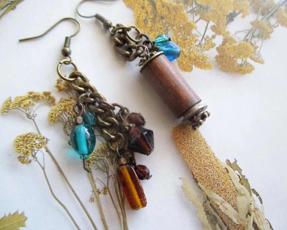 brass earrings, glass earrings, blue and brown earrings, asymmetrical earrings, glass and wood earrings, mixed media earrings, ooak, boho