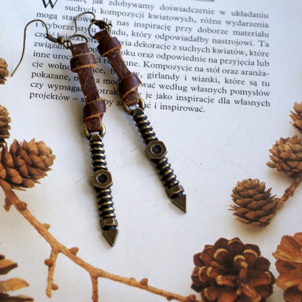 brass clock hands earrings, Assemblage Earrings, Industrial Chic Earrings, brass clock hands with leather