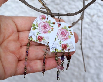 Recycled Tin Earrings with small beads, Vintage Floral Earrings, Repurposed Tin Jewelry, Upcycled tin earrings cottage flowers,