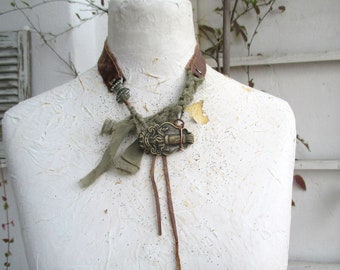 choker leather and brass element, found object jewelry, assemblage necklace, mixed media necklace, totem necklace, leather and fabric, ooak