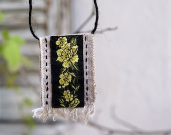 linen necklace with floral applique, wearable fabric, fabric jewelry art, Sashiko choker, boro necklace, black and gold flowers, ooak