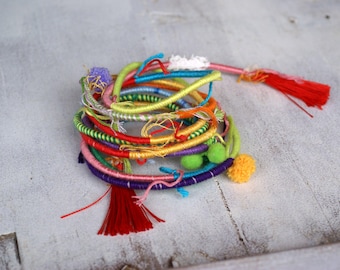 Colorful Art Yarn Wrap Bracelet: Boho Fiber Necklace