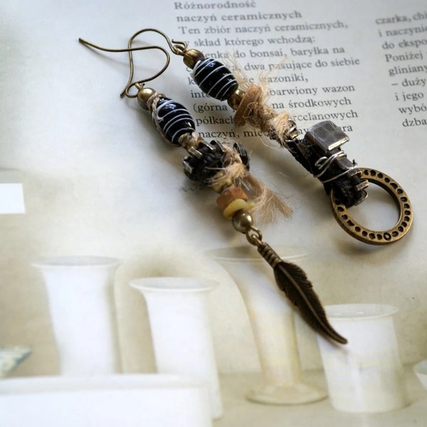 Steampunk Earrings, industrial earrings, Tribal Earrings, Asymmetric Earrings, Mixed Media Jewelry, found object, earrings with feather