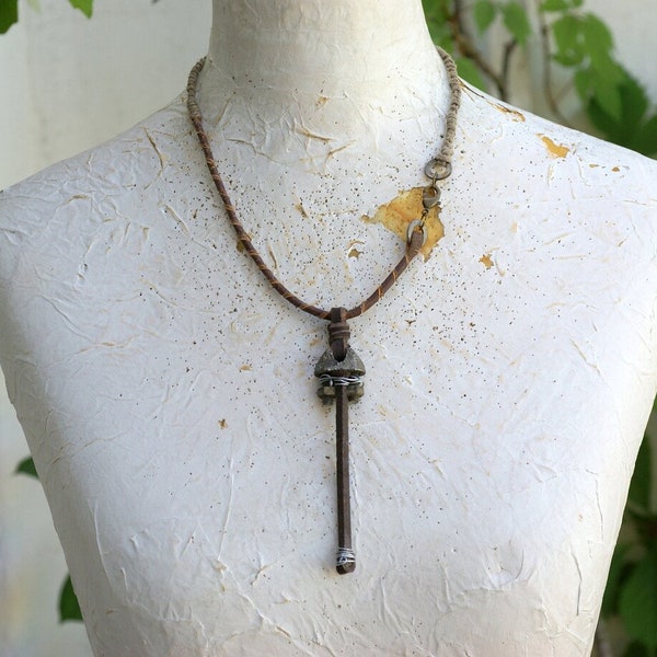 rusty metal necklace, totem choker, tribal industrial choker, hemp and leather choker, found object jewelry, assemblage necklace, postapo